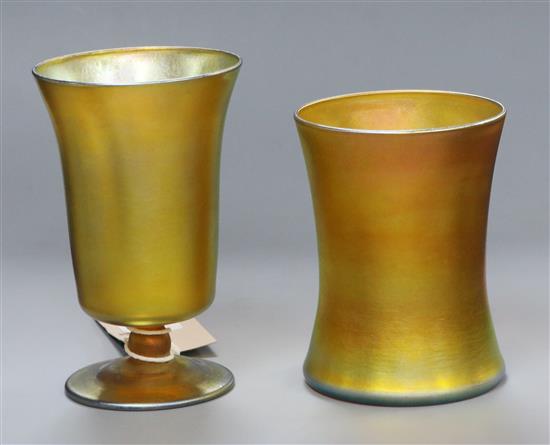 Two Tiffany favrille iridescent glass cups, engraved mark L C Tiffany favrille Tallest 12cm